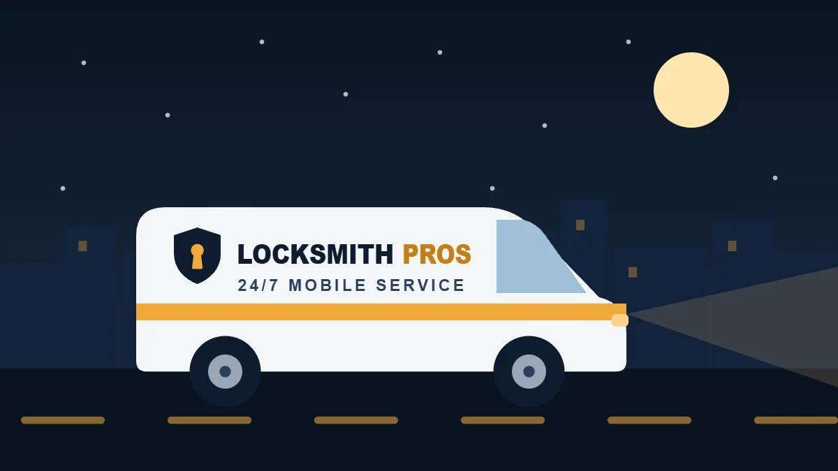 Illustration of a Locksmith Pros mobile locksmith van driving at night