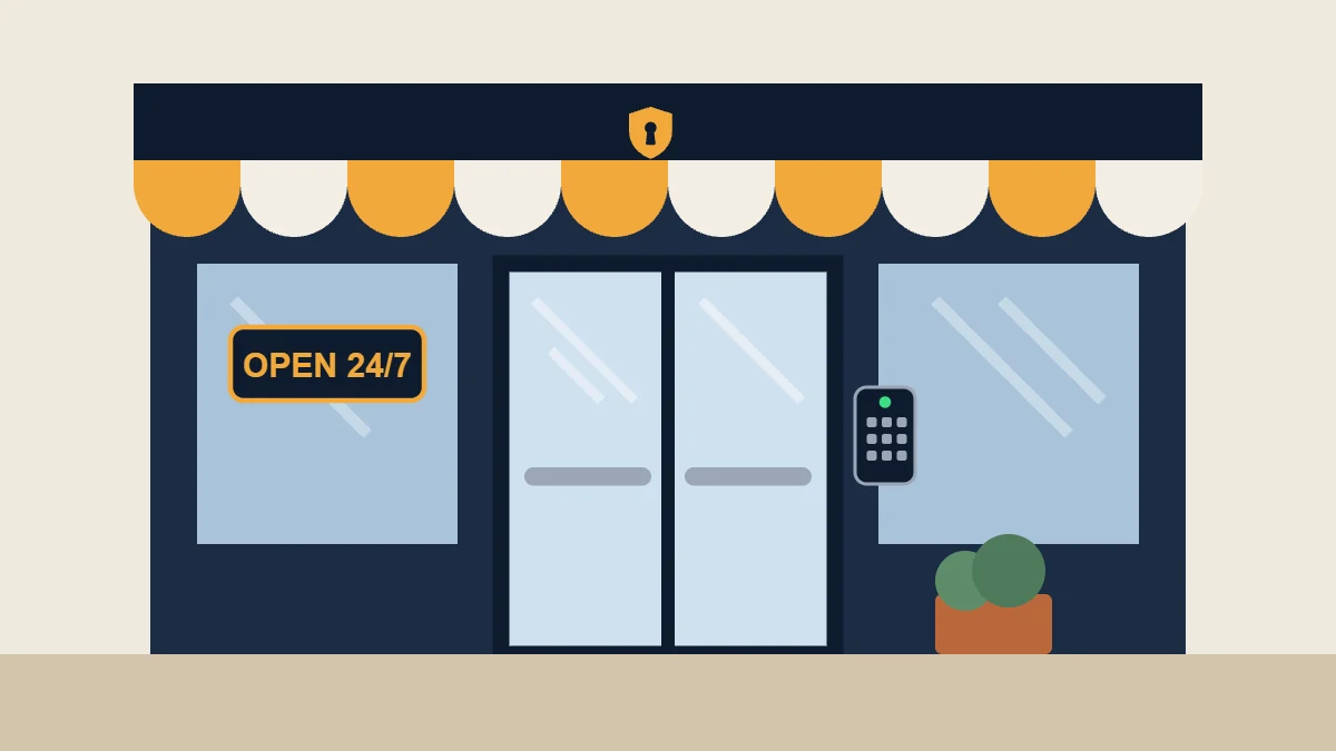 Illustration of a storefront with glass doors, panic bars and a keypad entry lock