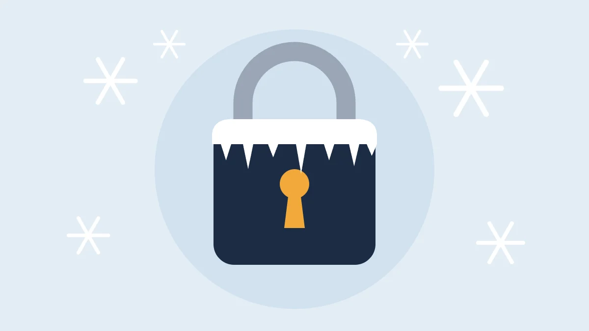 Illustration of a padlock covered in ice and snowflakes