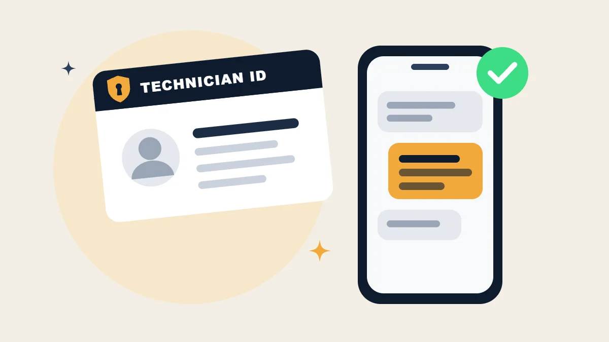 Illustration of a technician ID card and an upfront quote on a phone