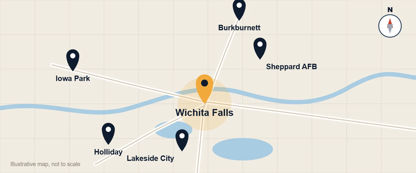 Illustrative map of the Locksmith Pros service area around Wichita Falls, Burkburnett, Sheppard AFB, Iowa Park, Holliday and Lakeside City