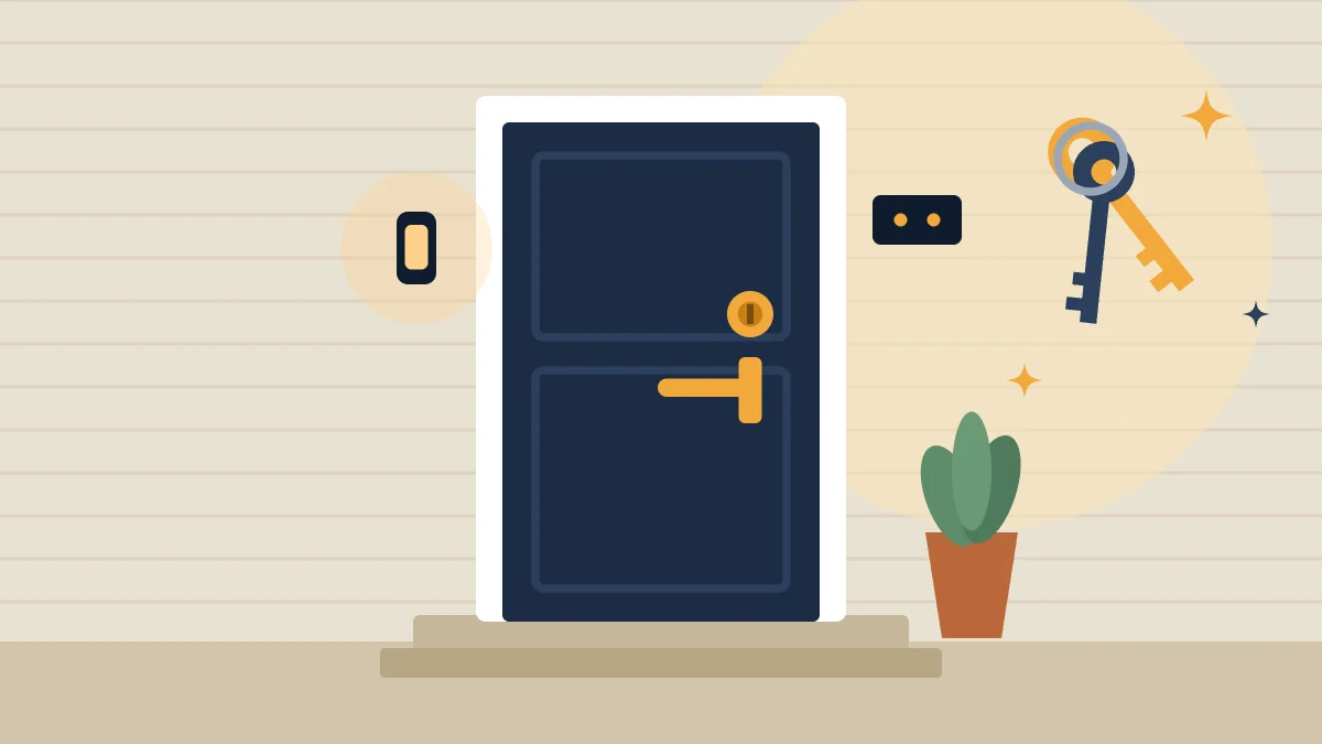 Illustration of a front door with a deadbolt, lever handle and spare house keys