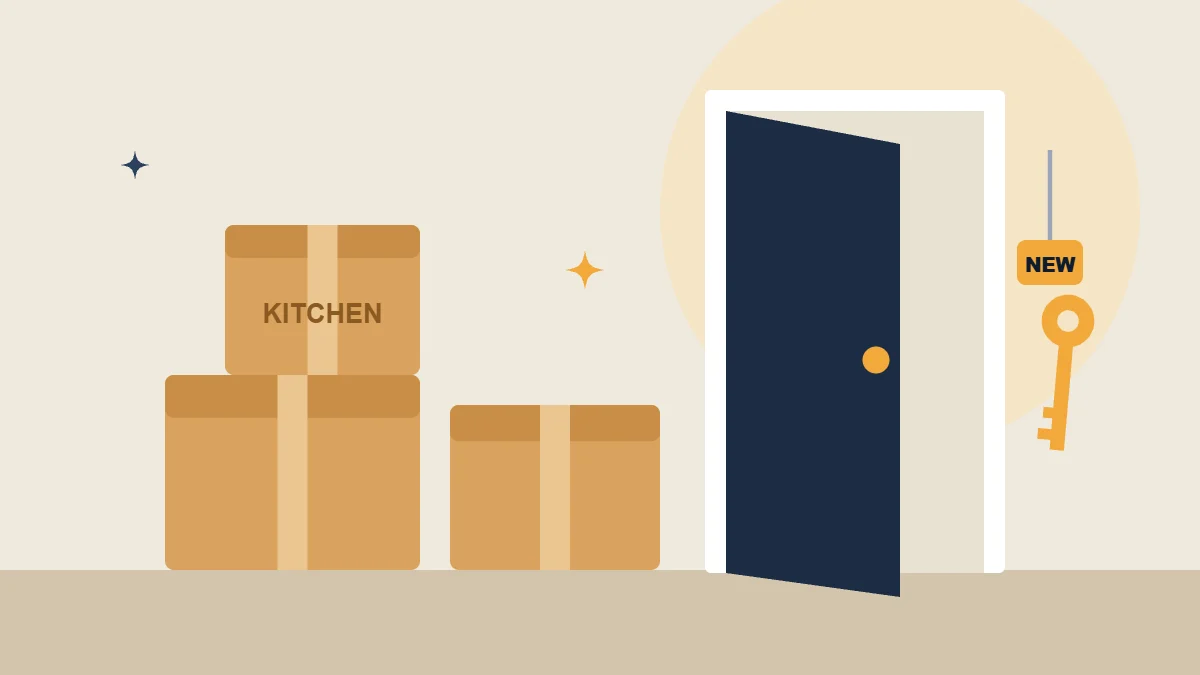 Illustration of moving boxes next to an open front door and a new key