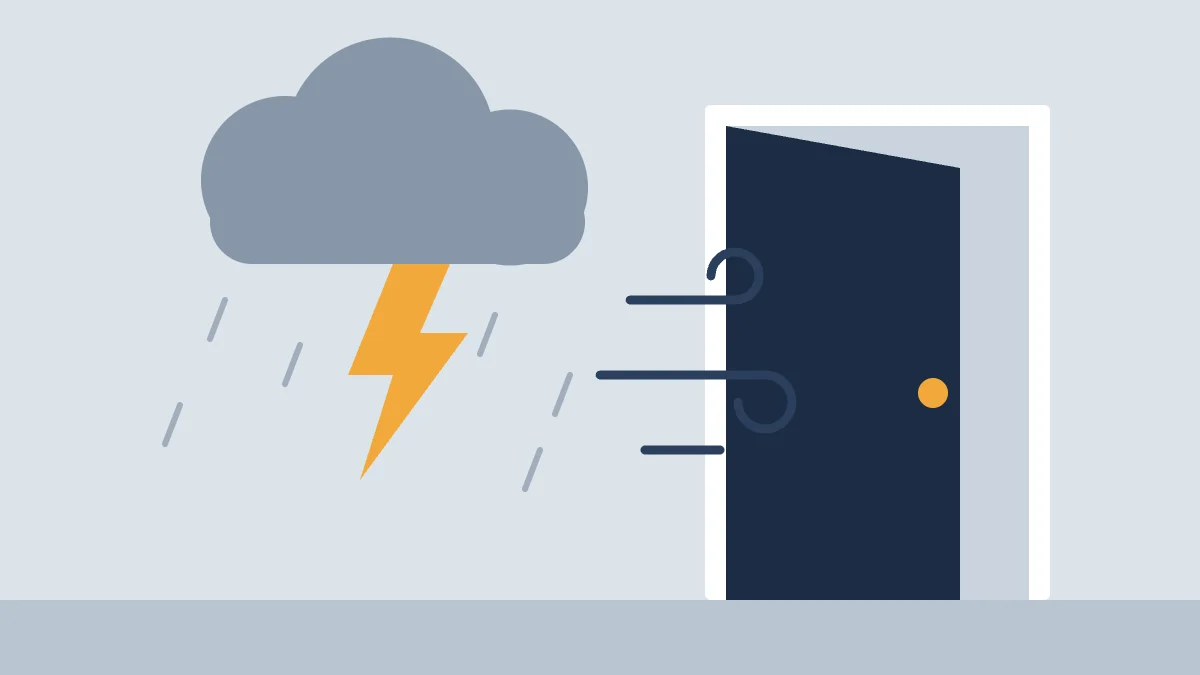 Illustration of a storm cloud with lightning and a wind-blown door