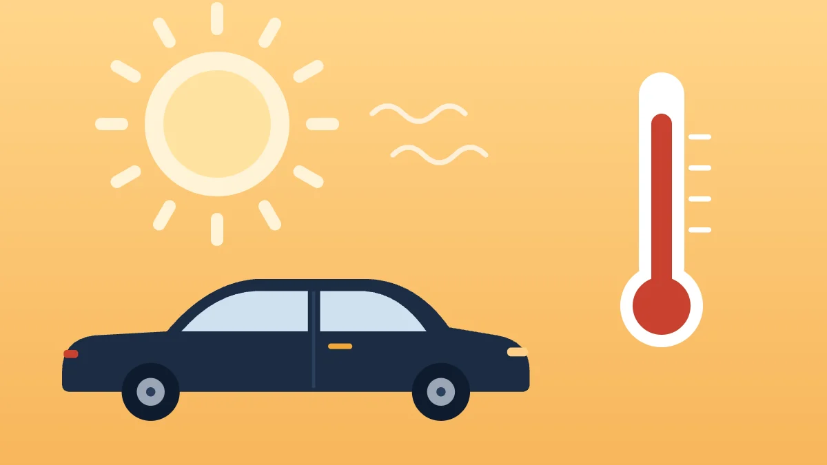 Illustration of a car under hot summer sun with a thermometer reading high